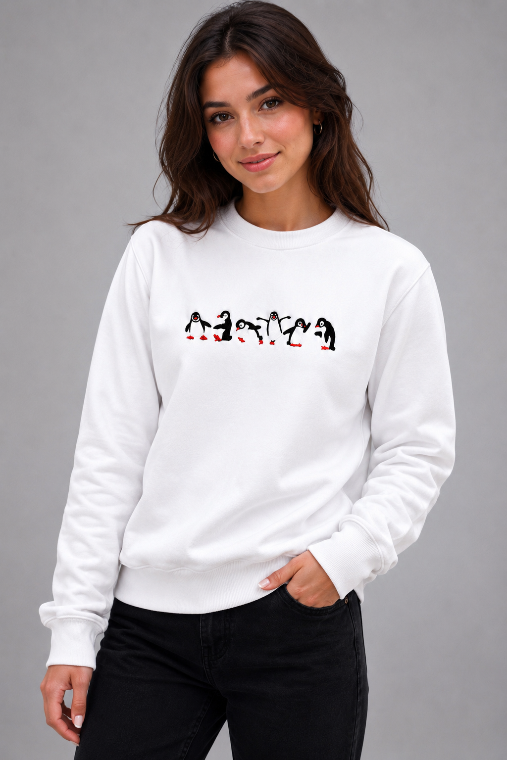 Threadiva Unisex Penguin Embroidered Premium Sweatshirt – White