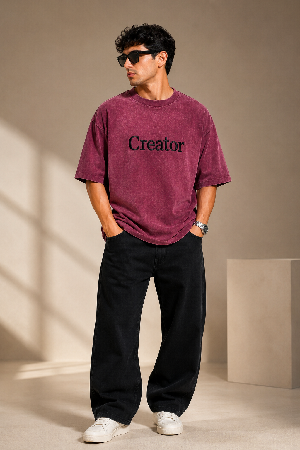 Threadiva Creator Embroidered Acid Washed Oversized T-shirt