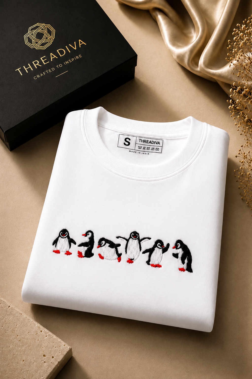Threadiva Unisex Penguin Embroidered Premium Sweatshirt – White