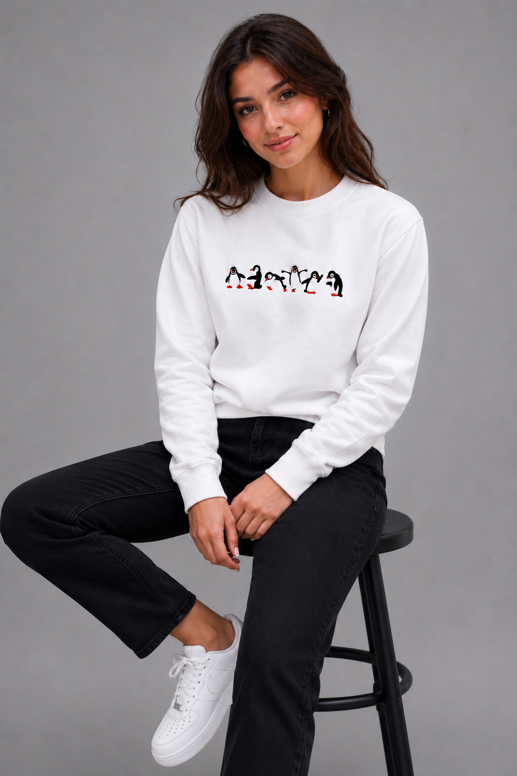 Threadiva Unisex Penguin Embroidered Premium Sweatshirt – White