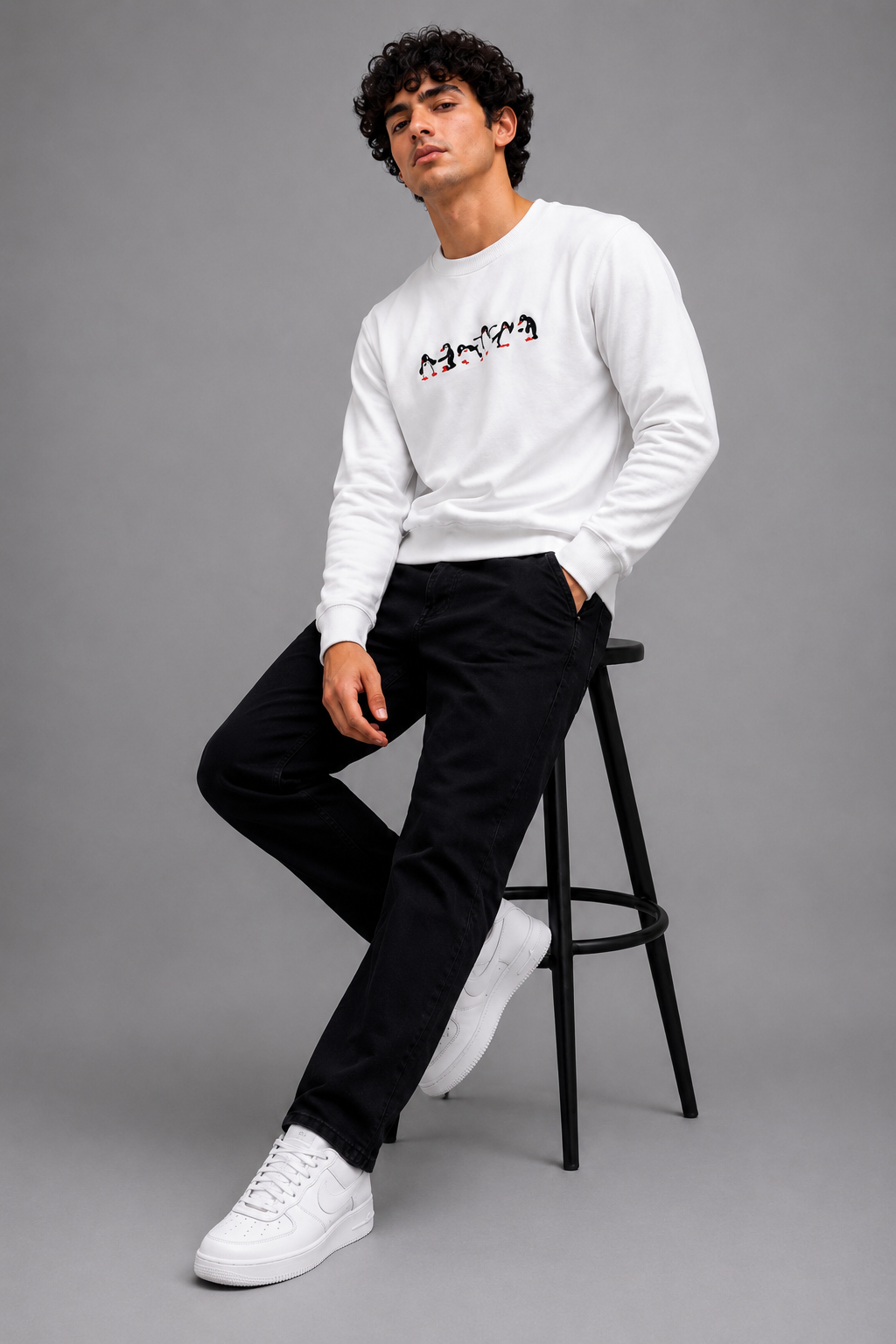 Threadiva Unisex Penguin Embroidered Premium Sweatshirt – White