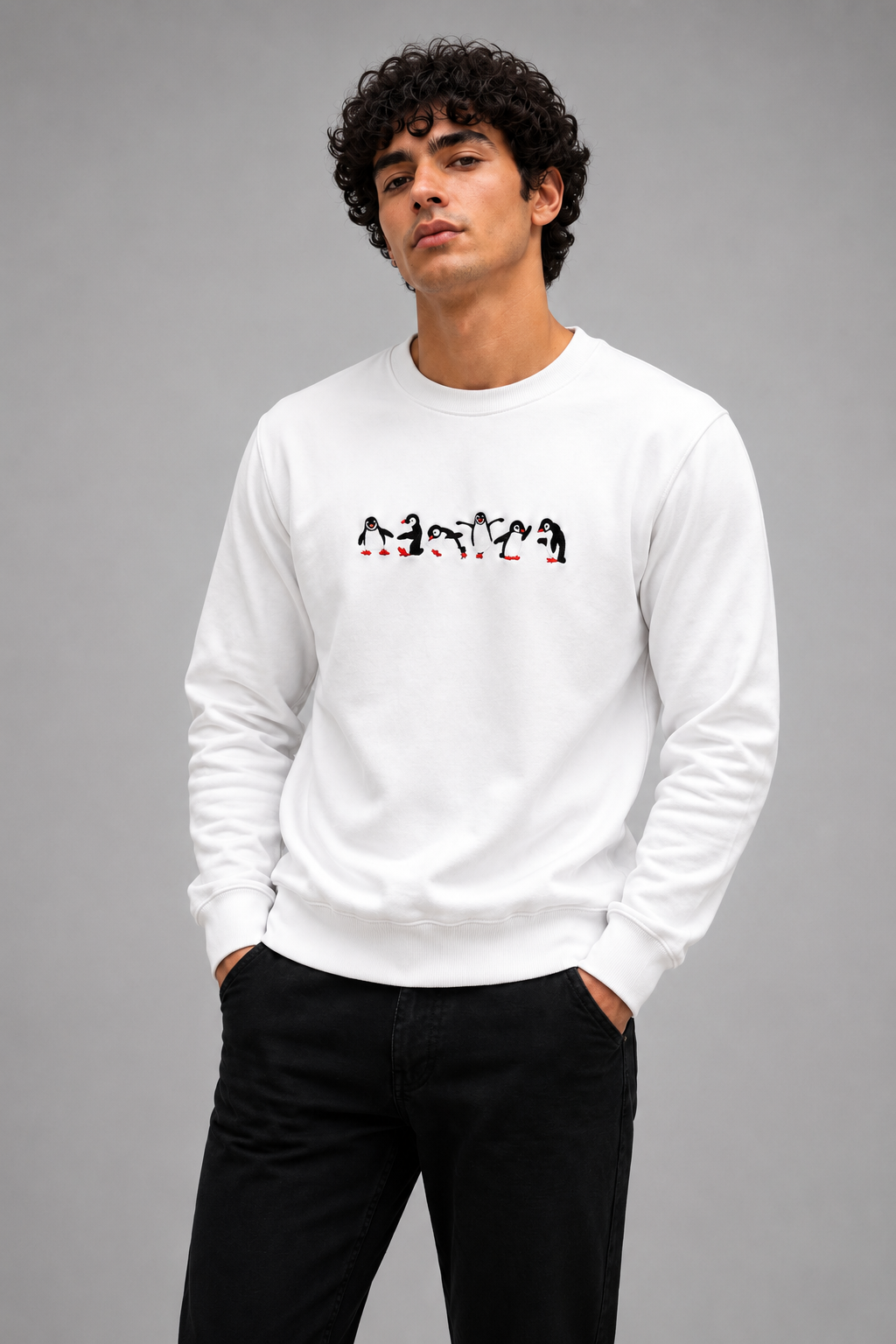 Threadiva Unisex Penguin Embroidered Premium Sweatshirt – White