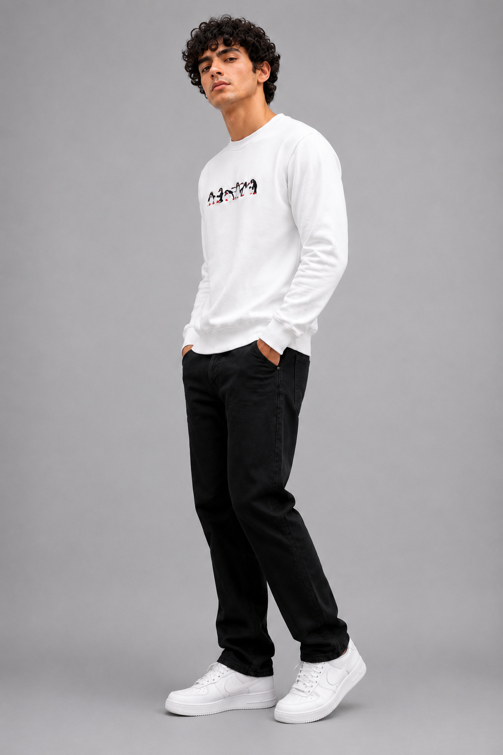 Threadiva Unisex Penguin Embroidered Premium Sweatshirt – White