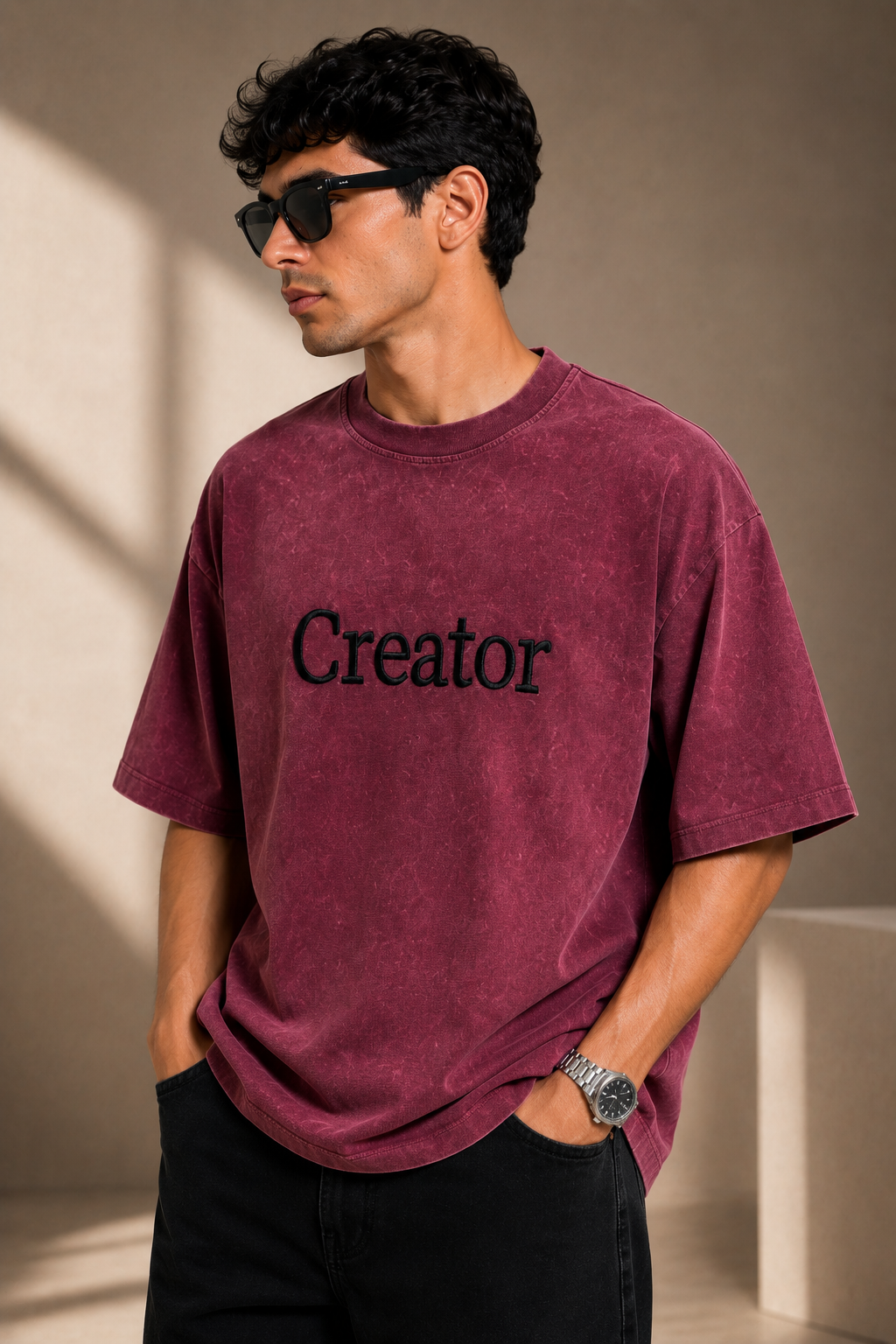 Threadiva Creator Embroidered Acid Washed Oversized T-shirt