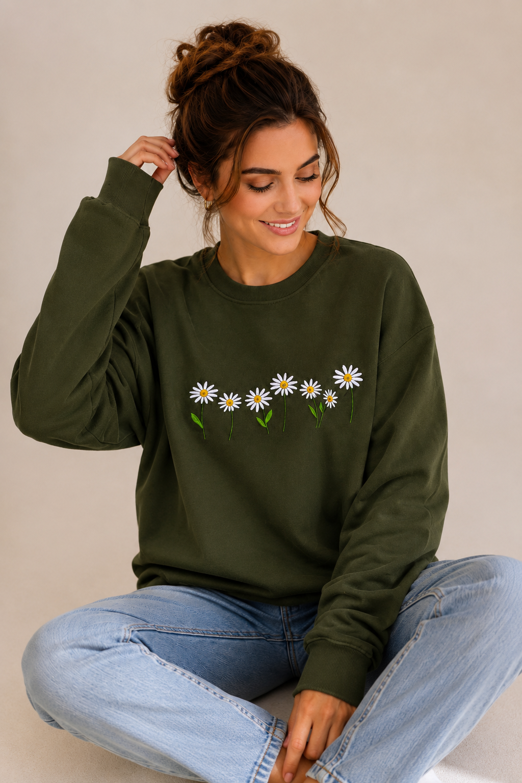 Threadiva Unisex Daisy Embroidered Sweatshirt