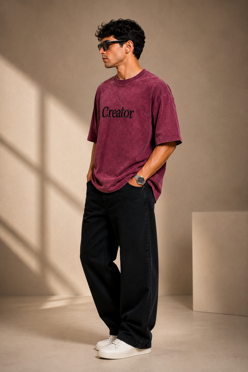Threadiva Creator Embroidered Acid Washed Oversized T-shirt